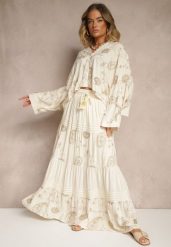 Beżowy Wiskozowy Komplet Boho z Koszulą o Nietoperzowym Kroju i Spódnicą Separia. Brązowe koszule damskie Renee, l, z aplikacjami, z materiału, boho, dopasowane. Za 179.99 zł.
