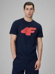 4F T-shirt regular z nadrukiem męski - granatowy S. Niebieskie t-shirty męskie 4f, m, bez wzorów, z bawełny, klasyczne, bez kołnierzyka. Za 69.99 zł.