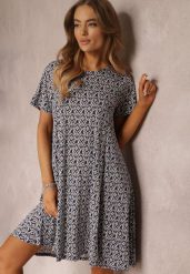 Granatowa Sukienka Mini z Krótkimi Rękawami i Wzorem w Kwiaty Cassatha. Niebieskie sukienki damskie Renee, na lato, l, bez wzorów, bez kołnierzyka, bez ramiączek, mini, rozkloszowane. Za 44.99 zł.