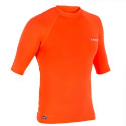 Top UV surfingowy męski Olaian 100 krótki rękaw. Niebieskie koszulki sportowe męskie OLAIAN, m, bez wzorów, z dzianiny, bez kołnierzyka, bez ramiączek. Za 49.99 zł.