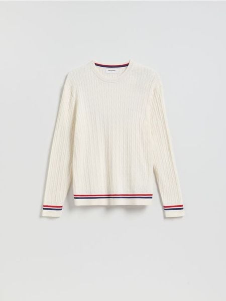 Strukturalny sweter z bawełną - biały. Białe swetry przez głowę męskie Reserved, l, bez wzorów, z bawełny, bez kołnierzyka. W wyprzedaży za 59.99 zł.