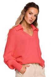 Luźny sweter z dekoltem V i kołnierzykiem brzoskwiniowy. Pomarańczowe swetry damskie MOE, l, bez wzorów, z jeansu, eleganckie, bez kołnierzyka, bez ramiączek, bez kaptura. Za 259.00 zł.