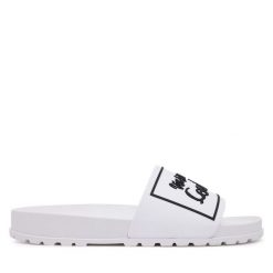 Klapki Versace Jeans Couture. Białe klapki damskie Versace Jeans Couture, bez wzorów, z jeansu, bez obcasa. Za 309.99 zł.