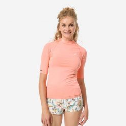 Top UV surfingowy damski Decathlon 100 krótki rękaw. Brązowe koszulki sportowe damskie Decathlon, s, bez wzorów, z elastanu, sportowe, bez kołnierzyka. Za 49.99 zł.