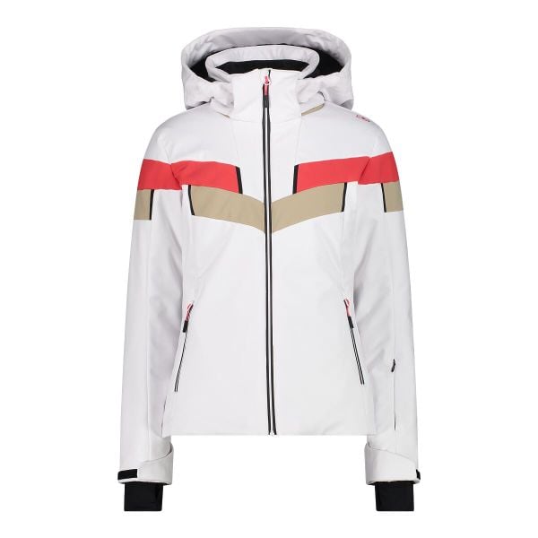 Kurtka damska narciarska CMP 34W4536. Białe kurtki snowboardowe damskie CMP, na zimę, l, bez wzorów, z softshellu, z kapturem, narciarskie. Za 849.99 zł.