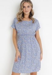 Niebieska Wiskozowa Rozkloszowana Sukienka z Gumką w Talii w Kwiaty Heidene. Niebieskie sukienki damskie Born2be, l, bez wzorów, z wiskozy, bez kołnierzyka, bez ramiączek, mini, rozkloszowane. Za 34.99 zł.
