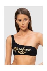 MOSCHINO Asymetryczna góra od bikini ze złotym logo, Rozmiar M. Czarne bikini damskie MOSCHINO, m, bez wzorów. W wyprzedaży za 249.99 zł.