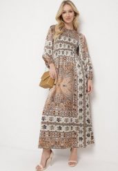Beżowa Sukienka w Stylu Boho z Rozkloszowanym Dołem i Bufiastymi Rękawami Ertiana. Brązowe sukienki damskie Born2be, na co dzień, l, bez wzorów, z materiału, boho, bez kołnierzyka, bez ramiączek, maxi, proste. Za 129.99 zł.