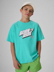 4F T-shirt regular z nadrukiem chłopięcy - miętowy 158/164 (12-14 lat). Zielone t-shirty dla chłopców 4f, bez wzorów, z bawełny, bez ramiączek. Za 49.99 zł.