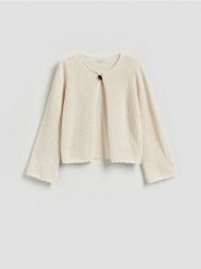 Kardigan z bawełną - kremowy. Białe kardigany damskie Reserved, l, bez wzorów, z bawełny. Za 129.99 zł.