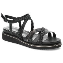 Czarne Sandały Tamaris Modne Obuwie Damskie. Czarne klapki damskie Tamaris, bez wzorów, ze skóry, bez obcasa, na koturnie, bez zapięcia. Za 359.00 zł.