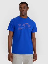 4F T-shirt regular z nadrukiem męski - niebieski L. Niebieskie koszulki sportowe męskie 4f, l, bez wzorów, z bawełny, klasyczne, bez kołnierzyka. W wyprzedaży za 49.99 zł.