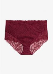 Figi z wysokim stanem z delikatnej koronki. Fioletowe figi damskie bonprix, bez wzorów, z koronki. Za 49.99 zł.