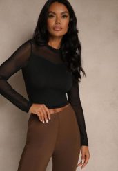 Czarna Bluzka Golf Vices z Przezroczystymi Rękawami Kariale. Czarne bluzki damskie Renee, l, bez wzorów, z jeansu, eleganckie, bez kołnierzyka, bez ramiączek. Za 54.99 zł.