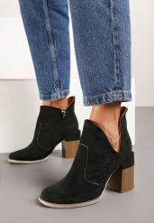 Czarne Botki Myrine. Czarne botki damskie Born2be, z jeansu, boho, z okrągłym noskiem, za kostkę, bez obcasa, na obcasie, bez zapięcia. Za 69.99 zł.