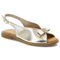 Sandały damskie Filippo, cholewka ze skóry ekologicznej metaliczne wykończenie płaska podeszwa, złote, DS7923/26. Żółte klapki damskie Filippo, z aplikacjami, z materiału, eleganckie, bez obcasa, na płaskiej podeszwie. Za 139.00 zł.