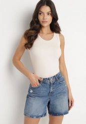 Jasnobeżowy Top Bawełniany z Prążkowane Dzianiny Efrima. Brązowe bluzki damskie Born2be, l, bez wzorów, z bawełny, eleganckie, bez kołnierzyka, bez ramiączek. Za 59.99 zł.