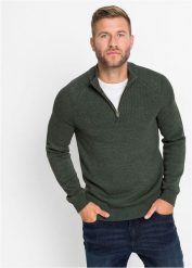 Sweter w wygodnym fasonie ze stójką, z bawełną. Zielone swetry przez głowę męskie bonprix, l, bez wzorów, z bawełny, bez kołnierzyka. Za 137.99 zł.