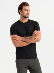 Męska koszulka z okrągłym dekoltem i logotypem SLIM FIT – czarna V3 OM-TSCT-0220 - XXL. Czarne t-shirty męskie Ombre Clothing, l, bez wzorów, z bawełny, bez kołnierzyka. W wyprzedaży za 24.99 zł.