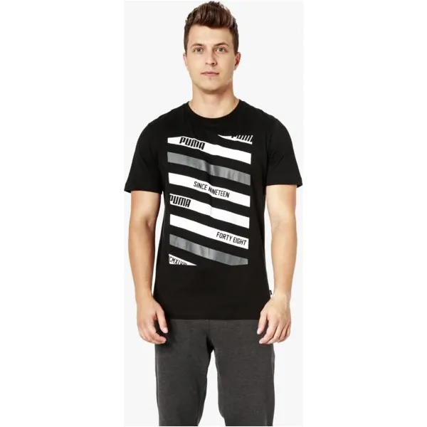 Puma Koszulka Ss Lines Graphic , czarny, rozmiar XL. Czarne koszulki sportowe męskie Puma, m, bez wzorów, z bawełny, bez kołnierzyka, bez ramiączek, climacool (adidas). W wyprzedaży za 59.99 zł.