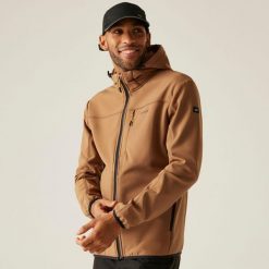 Kurtka męska softshell przeciwdeszczowy Ossek. Brązowe kurtki sportowe męskie Regatta, m, bez wzorów, z materiału, trekkingowe. W wyprzedaży za 249.99 zł.