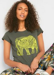 Shirt bawełniany z nadrukiem z przodu, krótki rękaw. Niebieskie t-shirty damskie bonprix, bez wzorów, z bawełny, bez kołnierzyka. Za 52.99 zł.
