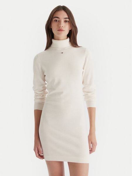 Tommy Jeans Sukienka dzianinowa Ess DW0DW21958 Écru Slim Fit. Sukienki damskie Tommy Jeans, s, bez wzorów, z bawełny, bez kołnierzyka, bez ramiączek. Za 279.99 zł.