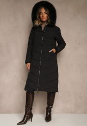 Czarna Pikowana Kurtka o Długim Kroju z Kapturem z Futrem Galianesa. Czarne kurtki damskie Renee, l, z aplikacjami, z dzianiny, z kapturem. Za 319.99 zł.