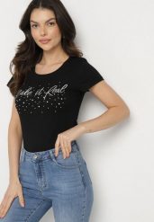 Czarny Bawełniane T-shirt z Cyrkoniami i Napisem Readia. Czarne bluzki damskie Born2be, l, bez wzorów, z bawełny, klasyczne, bez kołnierzyka. Za 34.99 zł.