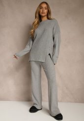 Ciemnoszary Komplet z Wełną i Bawełną Sweter z Guzikami i Szerokie Spodnie Reinelia. Szare spodnie materiałowe damskie Renee, l, bez wzorów, z bawełny, bez kołnierzyka, bez ramiączek, bez kaptura. Za 139.99 zł.