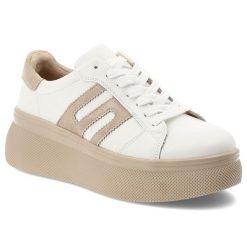 Sneakersy damskie Filippo, cholewka ze skóry naturalnej sznurowane na platformie sportowy wygląda, beżowe, DP7175/26. Białe półbuty damskie Filippo, bez wzorów, ze skóry, sportowe, bez obcasa, na platformie, bez zapięcia. Za 209.00 zł.