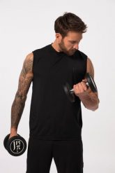 Męska Koszulka bez rękawów FLEXNAMIC® fitness okrągły dekolt bez rękawów. Czarne koszulki sportowe męskie JAY-PI, m, bez wzorów, z elastanu, bez kołnierzyka, bez ramiączek, na fitness i siłownię. Za 139.99 zł.