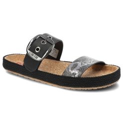Klapki damskie Big Star, materiał syntetyczny z regulowanym paskiem zapinanym na klamrę profilowaną wkładką, czarne wężowe, JJ274726. Czarne sandały damskie Big Star, bez wzorów, z materiału, bez obcasa, bez zapięcia. Za 109.00 zł.