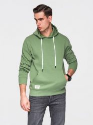 Bluza bawełniana męska dresowa BASIC kangurka z kapturem OM-SSBN-0270 - - Rozmiar: M. Zielone bluzy sportowe męskie Ombre Clothing, m, z aplikacjami, z bawełny, z kapturem, na fitness i siłownię. Za 169.99 zł.