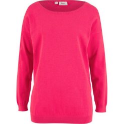 Sweter "boxy" bonprix różowy hibiskus. Czerwone swetry damskie bonprix, bez wzorów, bez kołnierzyka, bez ramiączek, bez kaptura. Za 37.99 zł.