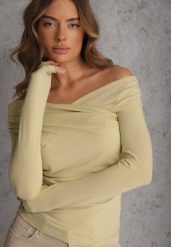 Zielona Marszczona Bluzka z Bawełną i Dekoltem w Łódkę Orinlia. Zielone bluzki damskie Renee, l, bez wzorów, z bawełny, eleganckie, bez kołnierzyka, bez ramiączek. Za 89.99 zł.