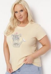 Beżowy Bawełniany T-shirt z Ozdobnym Nadrukiem Littana. Brązowe bluzki damskie Born2be, l, bez wzorów, z bawełny, klasyczne, bez kołnierzyka. Za 34.99 zł.