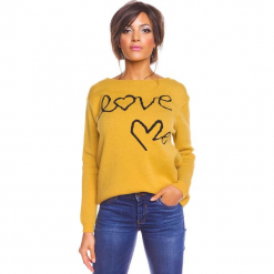 Sweter "Love" w kolorze musztardowym. Żółte swetry damskie So Cachemire, z kaszmiru, z okrągłym kołnierzem. W wyprzedaży za 173.95 zł.