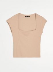 Prążkowana koszulka z rękawem kimono - beżowy. Brązowe t-shirty damskie Sinsay, l, bez wzorów, prążkowane, bez kołnierzyka. Za 25.99 zł.