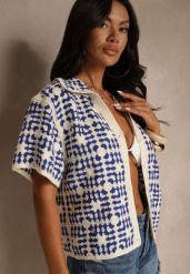 Niebieska Koszula z Bawełny Ozdobiona Geometrycznym Wzorem Melundria. Niebieskie bluzki damskie Renee, uniwersalny, bez wzorów, z bawełny, eleganckie, bez kołnierzyka, bez ramiączek. Za 129.99 zł.