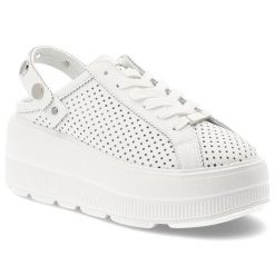 Klapki damskie S.Barski, ze skóry naturalnej licowej ażurowa cholewka platforma sznurowane styl casual, białe, LR61-7088. Białe klapki damskie S.BARSKI, w ażurowe wzory, ze skóry, bez obcasa, na platformie, bez zapięcia. Za 229.00 zł.