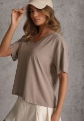 Beżowy T-shirt Bawełniany z Dekoltem w V Adozixie. Brązowe bluzki damskie Renee, bez wzorów, z bawełny, casualowe, bez kołnierzyka. Za 79.99 zł.