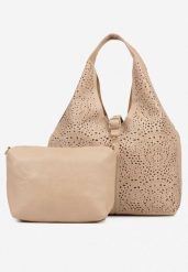 Ciemnobeżowa Ażurowa Torebka Hobo z Dodatkową Saszetką Frosira. Brązowe torebki do ręki damskie Born2be, z aplikacjami, z jeansu, eleganckie, zdobione, bez dodatków. Za 129.99 zł.