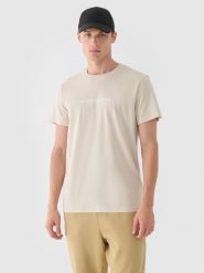 4F T-shirt regular z nadrukiem męski - beżowy XL. Brązowe koszulki sportowe męskie 4f, m, bez wzorów, z bawełny, klasyczne, bez kołnierzyka. W wyprzedaży za 39.99 zł.