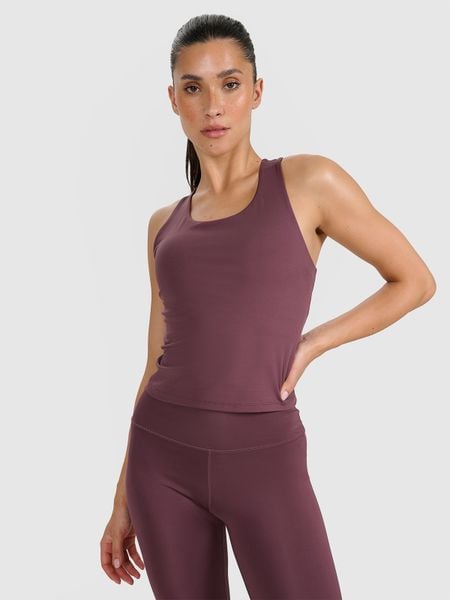 4F Top treningowy szybkoschnący damski - brązowy L. Brązowe koszulki sportowe damskie 4f, l, bez wzorów, z dzianiny, bez kołnierzyka, bez ramiączek, na fitness i siłownię. Za 99.99 zł.