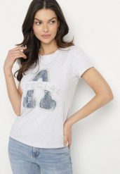 Jasnoszary Bawełniany T-shirt Ozdobiony Napisem i Cyrkoniami Isnorea. Szare bluzki damskie Born2be, m, bez wzorów, z bawełny, glamour, bez kołnierzyka. Za 34.99 zł.