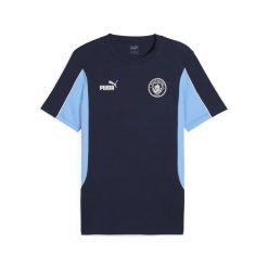 Męska koszulka Manchester City ftblARCHIVE PUMA Navy Team Light Blue. Niebieskie koszulki sportowe męskie Puma, m, bez wzorów, z gumy, bez kołnierzyka, bez ramiączek, do piłki nożnej. W wyprzedaży za 157.85 zł.