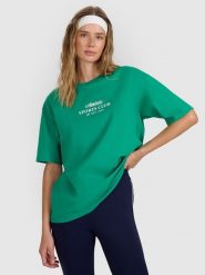 4F T-shirt oversize z nadrukiem damski - zielona XS. Zielone koszulki sportowe damskie 4f, uniwersalny, bez wzorów, z bawełny, bez kołnierzyka, bez ramiączek. W wyprzedaży za 39.99 zł.
