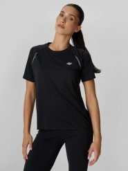 4F Koszulka do biegania regular szybkoschnąca damska - czarna S. Czarne koszulki sportowe damskie 4f, s, bez wzorów, klasyczne, bez kołnierzyka. Za 129.99 zł.