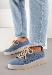 Niebieskie Skórzane Sneakersy Typu Tenisówki z Ażurową Cholewką Virival. Niebieskie trampki i tenisówki damskie Born2be, z aplikacjami, z jeansu, eleganckie, bez zapięcia. Za 169.99 zł.
